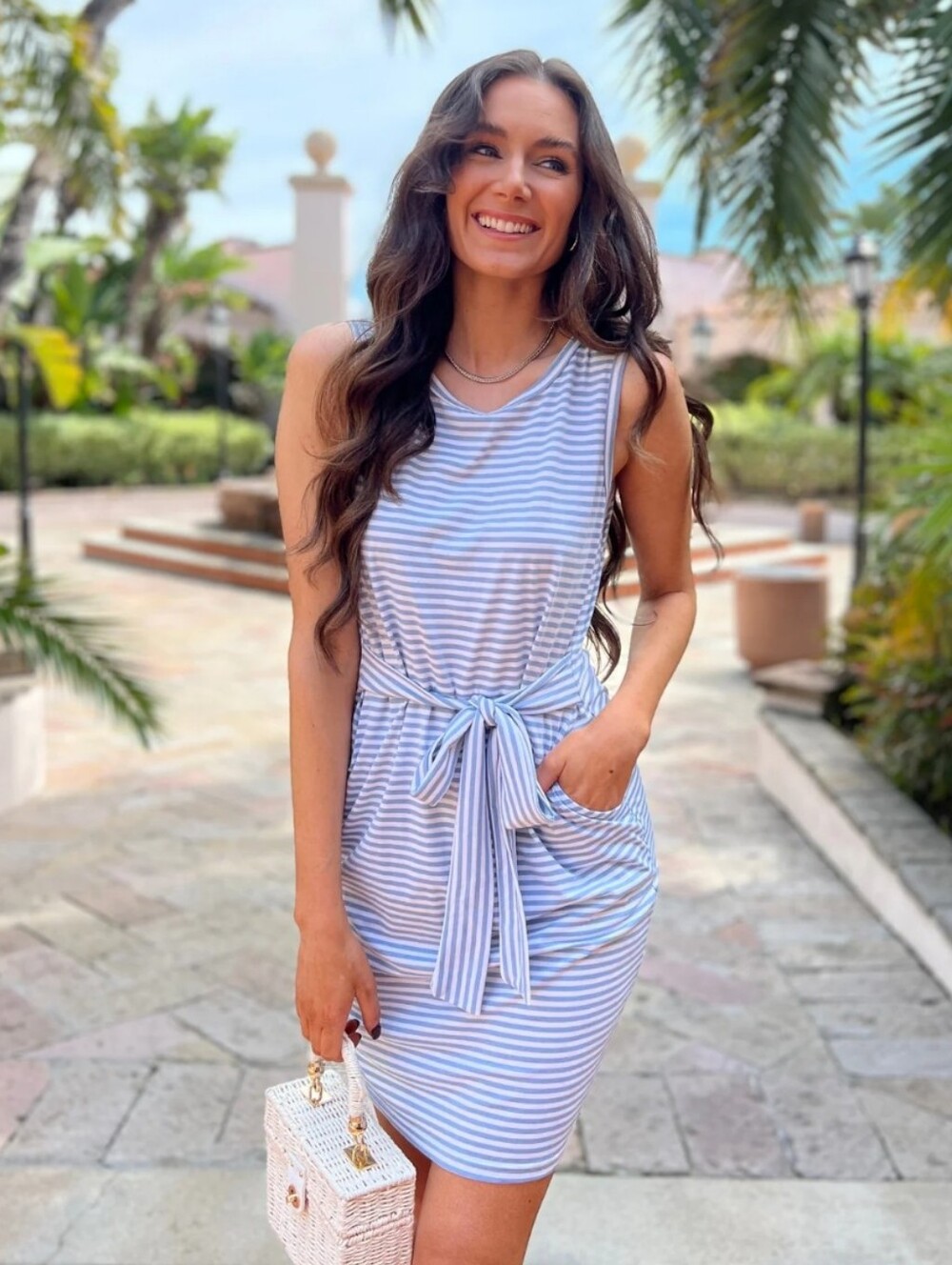 Merokeety Sleeveless Tie Waist Striped Shirt Dress